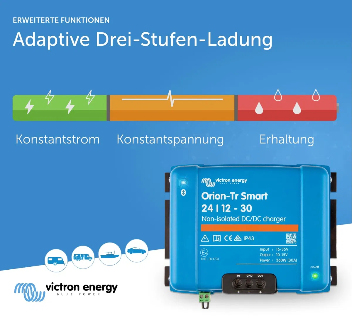 Victron Energy Orion-Tr Smart 24/12-Volt 30 Amp 360-Watt DC-DC Ladebooster, Nicht isoliert (Bluetooth)