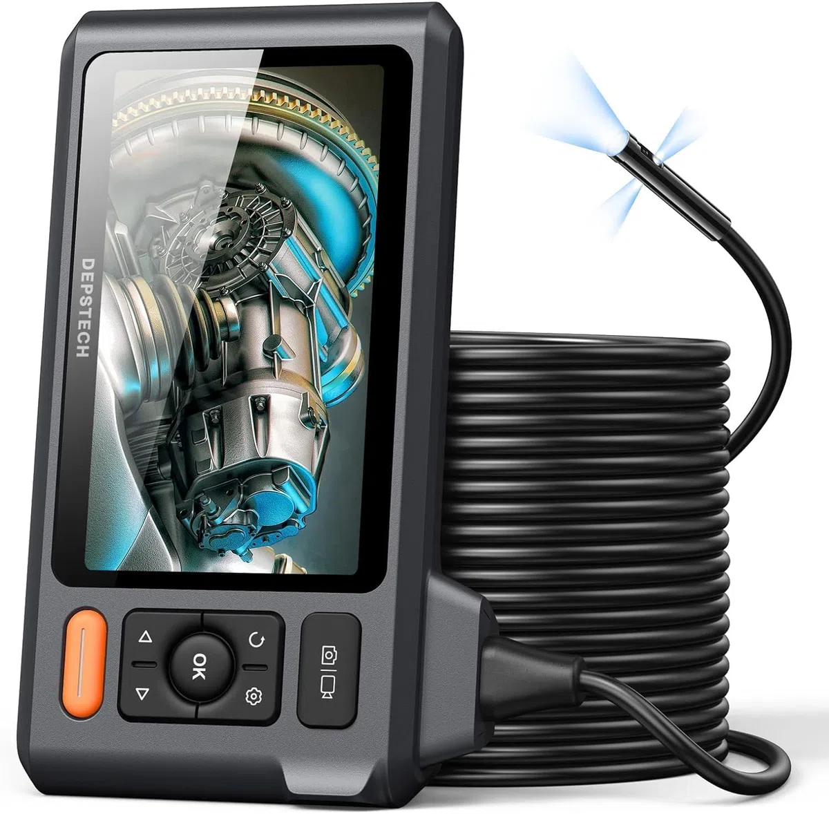 DEPSTECH 15m Triple Lens Endoskopkamera mit Licht, 5" IPS 1080P Rohrkamera | Inspektionskamera mit 32GB Karte, 2600mAh Akku für lange Betriebszeiten, 10 Einstellbaren LEDs, IP67 Wasserdicht, Tragetasche