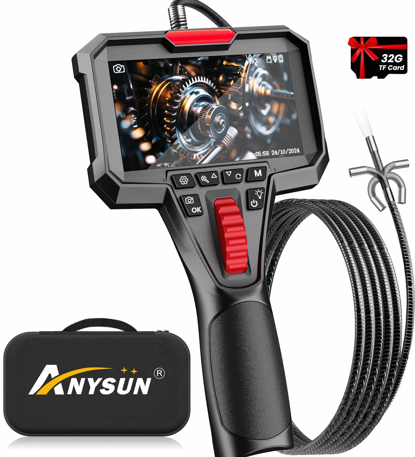 Anysun Endoskopkamera mit Licht, 4,3'' IPS 1080P Endoskop mit Audioaufnahme | DVR mit 32GB TF-Karte, 6.2mm Endoscope Camera mit Scrollradsteuerung Zwei-Wege 360° Drehung, 1m Kamera IP67 Wasserdichte