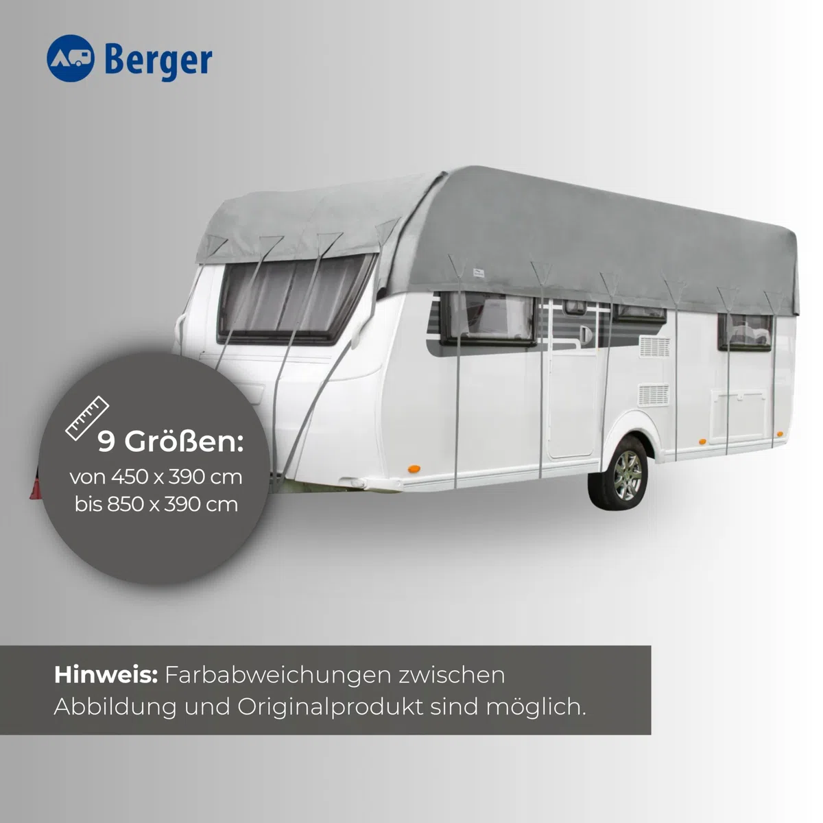 BERGER Dachschutzplane Wohnwagen Schutzhülle | Wetterfeste Wohnwagenabbdeckung in 9 Größen: 450–850 x 390 cm | Atmungsaktive Wohnwagenplane mit Tragebeutel & Spanngurten (600 x 390 cm)