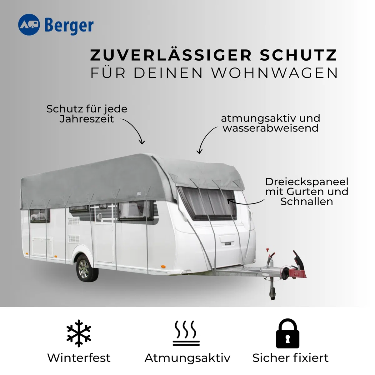 BERGER Dachschutzplane Wohnwagen Schutzhülle | Wetterfeste Wohnwagenabbdeckung in 9 Größen: 450–850 x 390 cm | Atmungsaktive Wohnwagenplane mit Tragebeutel & Spanngurten (600 x 390 cm)