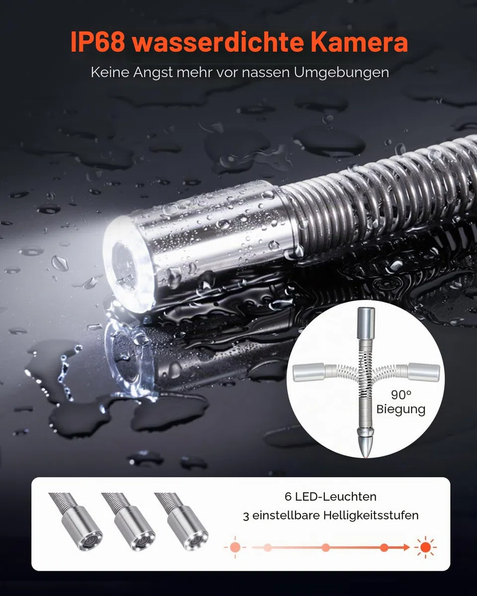 VEVOR Kanalkamera 30m, Rohrinspektionskamera mit 4,3 Zoll LCD Bildschirm 6 einstellbare LED 16 GB-Karte 3-facher Zoom 8500 mAh Hochleistungsakku, IP68 wasserdichte Sanitärkamera für Abwasserkanalrohre