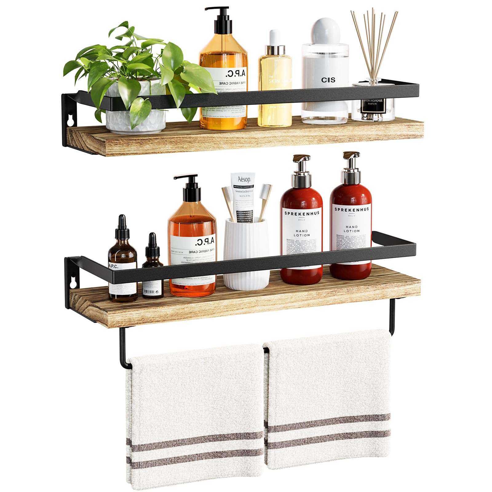 Elegant Floating Wood Shelves with Towel Bar