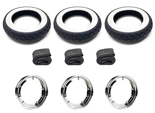 3x Weißwandreifen 3.50-10 Chrom Felgen Satz passend für Piaggio Ape 50 TM, Komplettradsatz mit Reifen, Felgen & Schläuchen