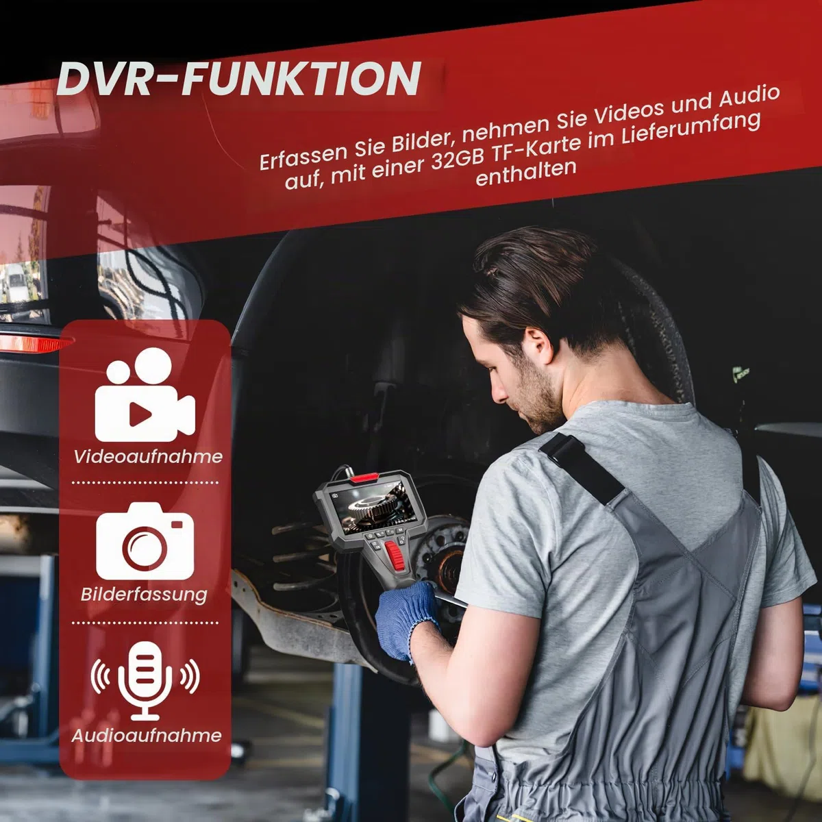 Anysun Endoskopkamera mit Licht, 4,3'' IPS 1080P Endoskop mit Audioaufnahme | DVR mit 32GB TF-Karte, 6.2mm Endoscope Camera mit Scrollradsteuerung Zwei-Wege 360° Drehung, 1m Kamera IP67 Wasserdichte
