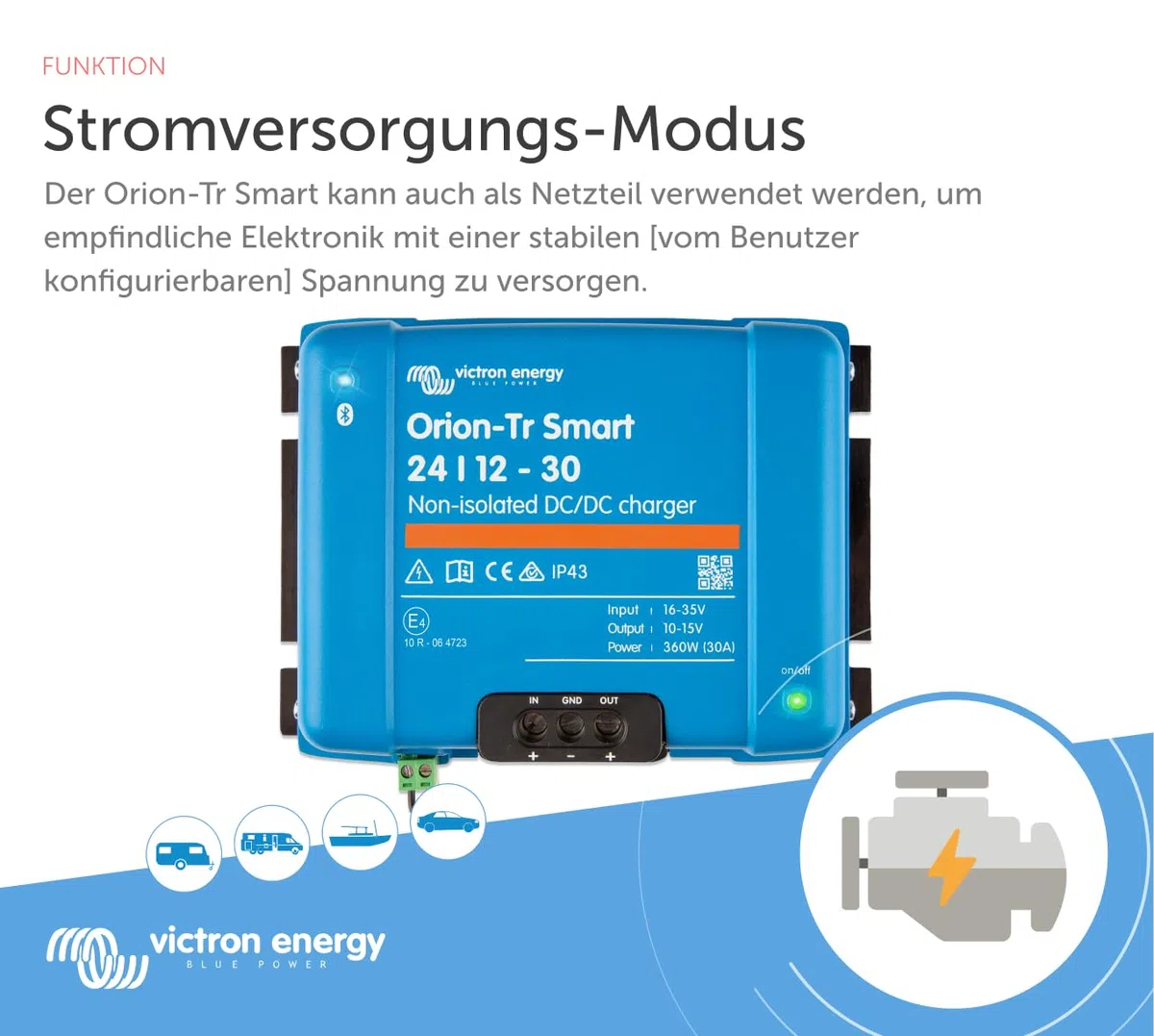 Victron Energy Orion-Tr Smart 24/12-Volt 30 Amp 360-Watt DC-DC Ladebooster, Nicht isoliert (Bluetooth)