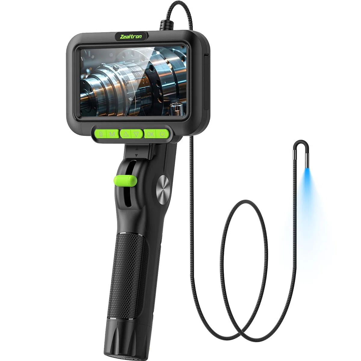 Endoskopkamera beweglicher Kopf 3.9mm, Endoskopkamera mit Licht 3.9mm Sonde, 1m Selbstrückstellender Schlauch, 5" IPS Display | Rohrkamera für Motor/Industrieinspektion