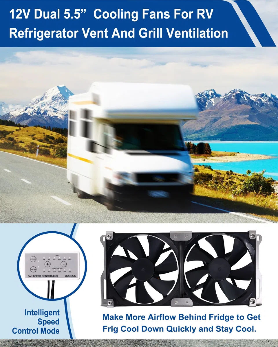 140 mm (5,5 Zoll), 12 V, RV-Lüftungsventilator für Kühlschrank, Lüftungsgitter und Lüftungsgitter, RV-Kühlschrank, IP65 wasserdicht, inklusive Geschwindigkeitsregler