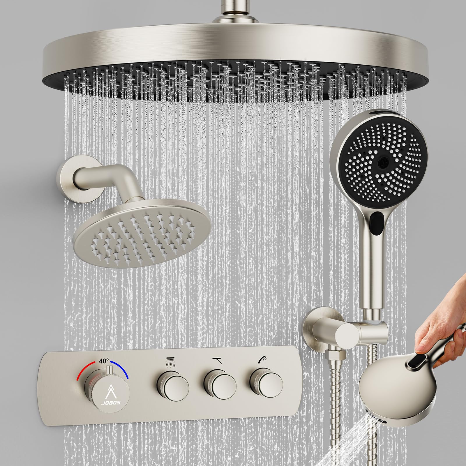 Brushed Nickel Thermostatic Brass Shower System: Dual Rain & Handheld