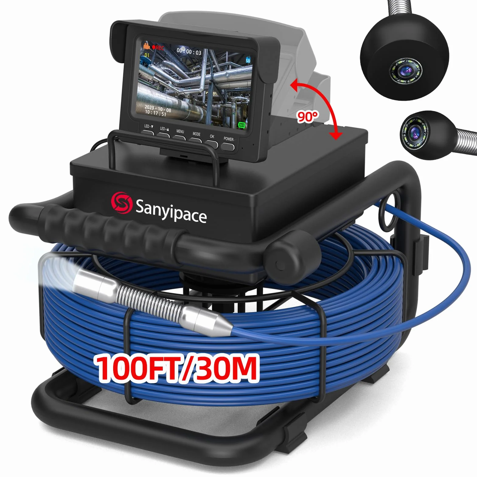 Rohrkamera 30M mit Licht, Sanyipace kanalkamera mit 4.3" Bildschirm, DVR & Audio Recorder, IP68 Wasserdicht Kanalinspektionskamera, 5600mAh Akku, Mikrofon, Inklusive 32GB TF-Karte