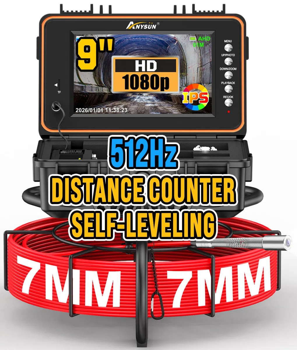 Anysun Rohrkamera Kanalkamera 50M für Abfluss Kanal Hausleitung | Selbstnivellierende, 512Hz Sender, Meterzähler, DVR, 1080P 23mm IP68 Kamerakopf, 7mm Push-Kabel, 9 Zoll IPS Inspektionskamera