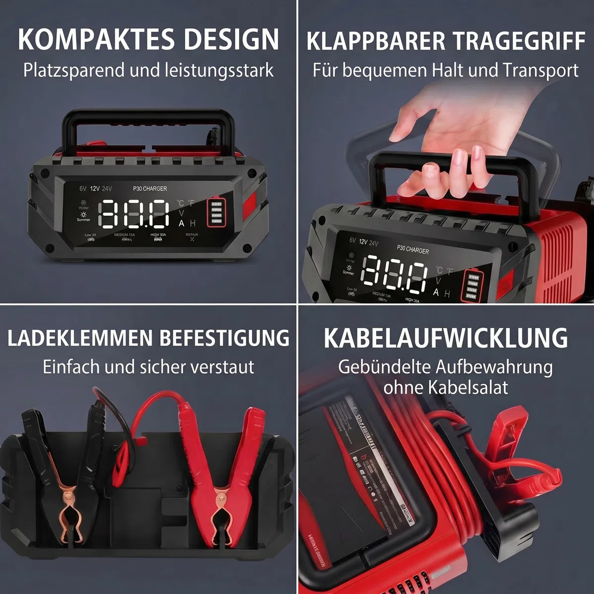 Batterie Ladegerät 6V 12V 24V 30A Reparaturmodus Erhaltungsladung | BaSBa | für Auto Motorrad Wohnmobil und AGM GEL EFB LiFePO4 Blei Säure Batterien