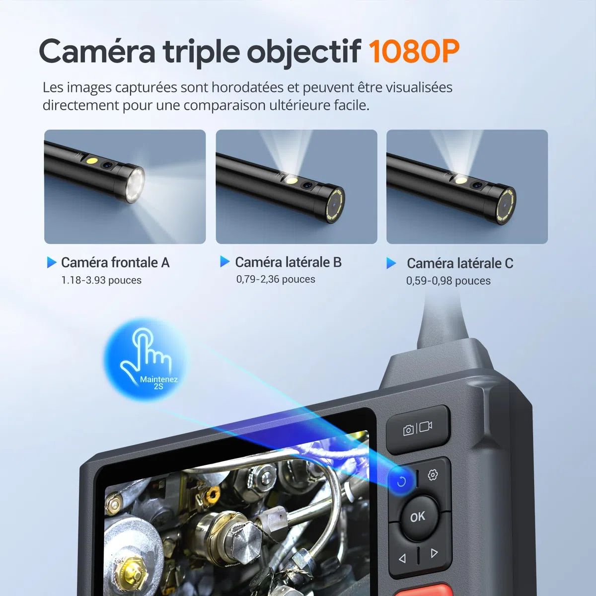 DEPSTECH 15m Triple Lens Endoskopkamera mit Licht, 5" IPS 1080P Rohrkamera | Inspektionskamera mit 32GB Karte, 2600mAh Akku für lange Betriebszeiten, 10 Einstellbaren LEDs, IP67 Wasserdicht, Tragetasche