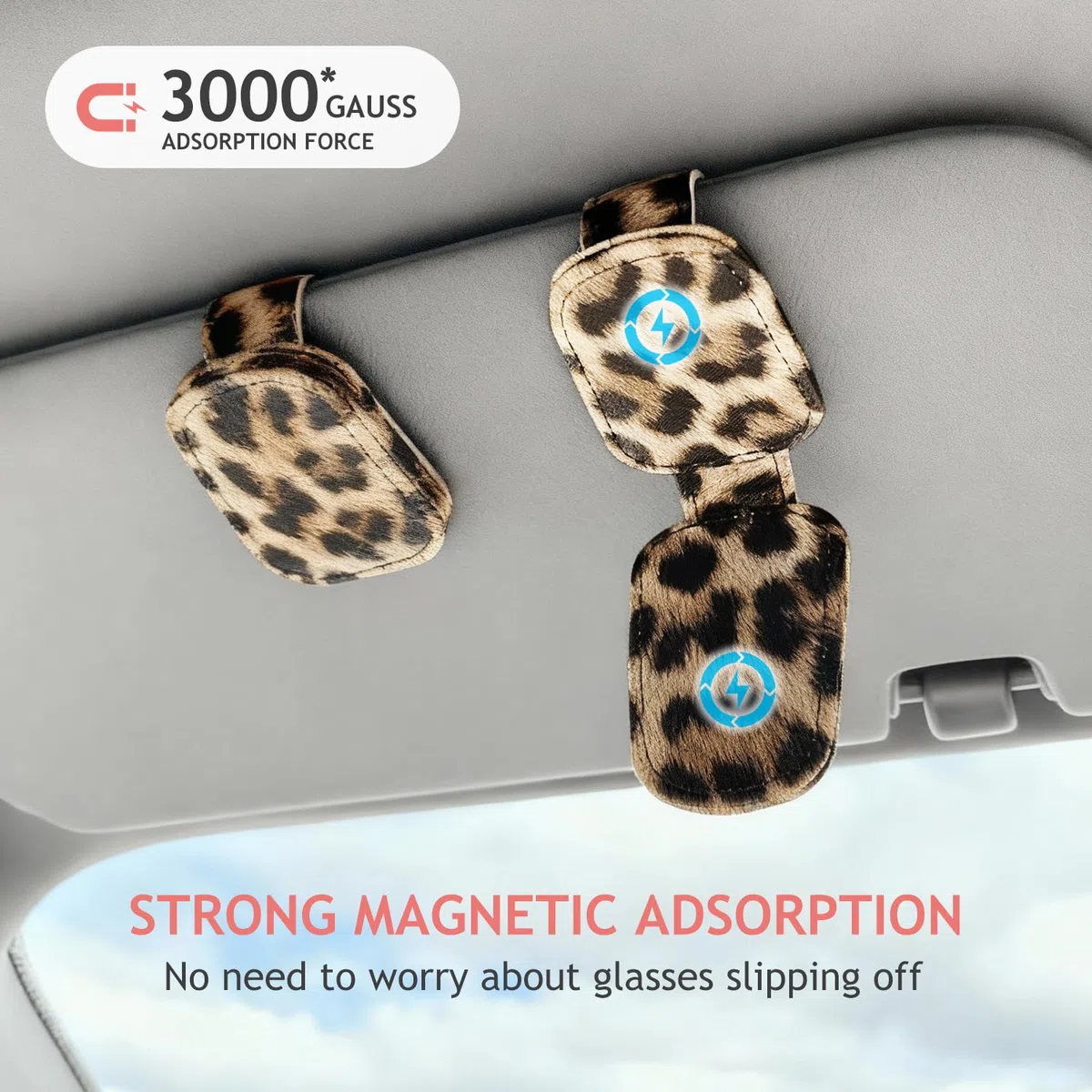 Sonnenbrillenhalter für Auto Visier, Gepard Leopard Magnet Sonnenbrillenhalter für Auto Leder Sonnenbrillenhalter und Ticketkartenclip Auto Visier Zubehör