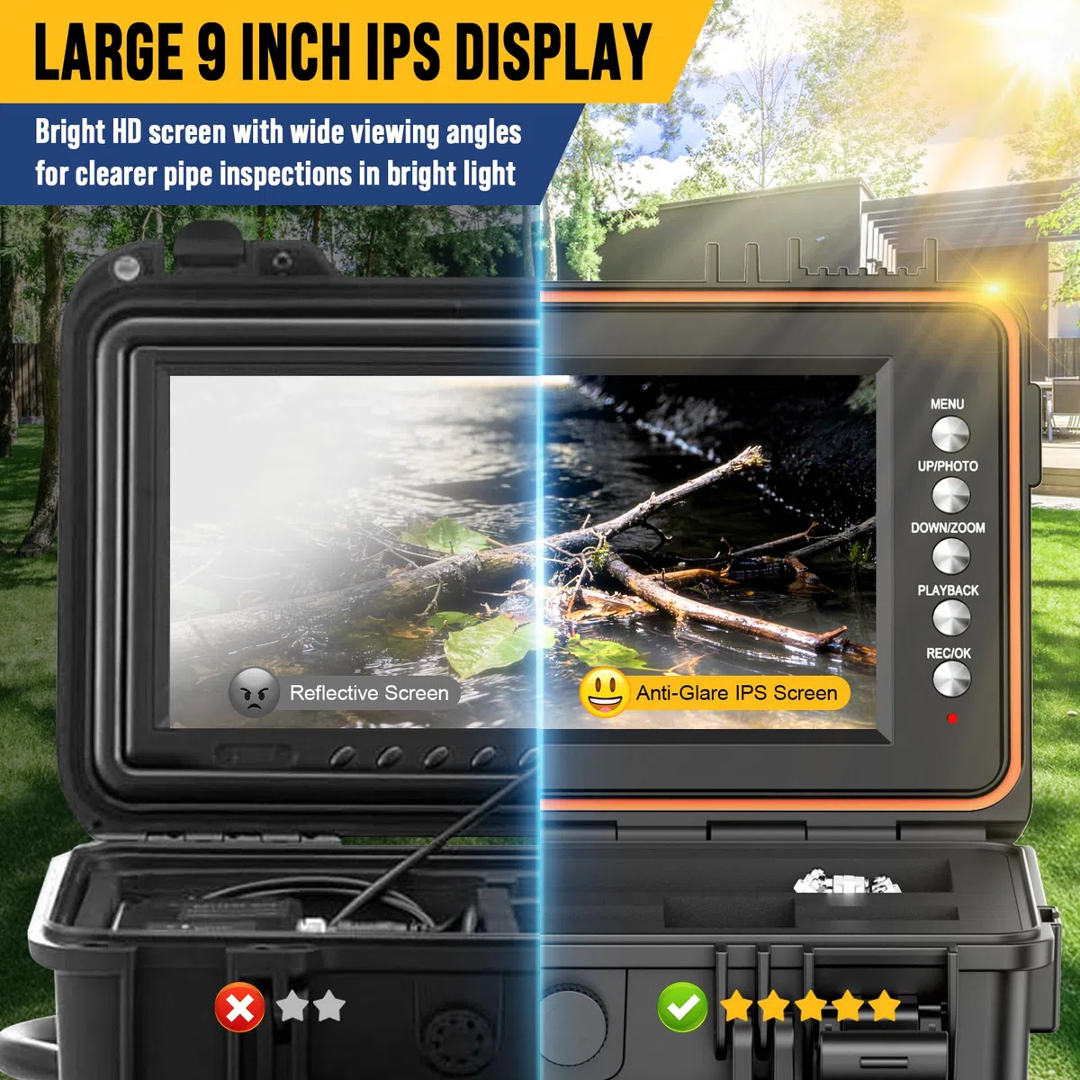Anysun Selbstnivellierende Rohrkamera 50M mit 512Hz Sender, 9" IPS 1080P HD | Endoskop mit DVR, 50M Kabel mit Meter-Markierung, IP68 Wasserdicht Inspektionskamera & 23mm Kamerakopf, 5100mAh, 32GB Karte