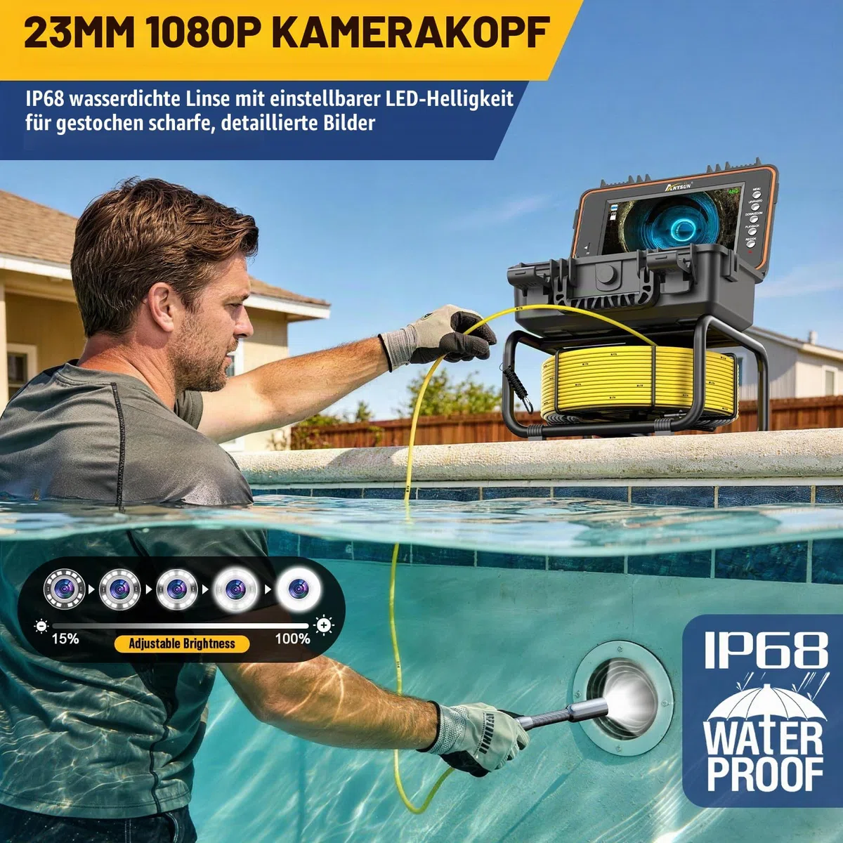 Anysun Selbstnivellierende Rohrkamera 50M mit 512Hz Sender, 9" IPS 1080P HD | Endoskop mit DVR, 50M Kabel mit Meter-Markierung, IP68 Wasserdicht Inspektionskamera & 23mm Kamerakopf, 5100mAh, 32GB Karte