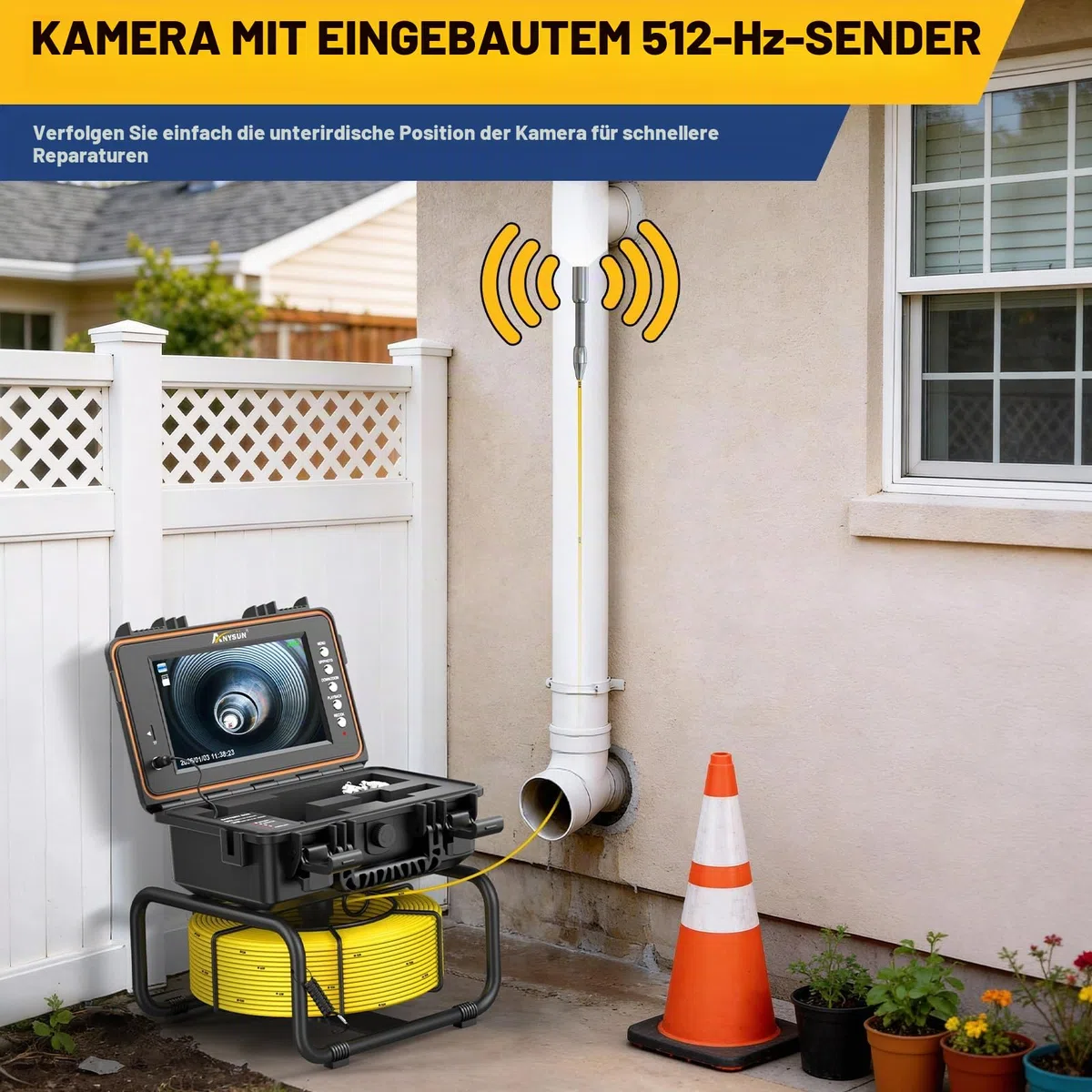 Anysun Selbstnivellierende Rohrkamera 50M mit 512Hz Sender, 9" IPS 1080P HD | Endoskop mit DVR, 50M Kabel mit Meter-Markierung, IP68 Wasserdicht Inspektionskamera & 23mm Kamerakopf, 5100mAh, 32GB Karte