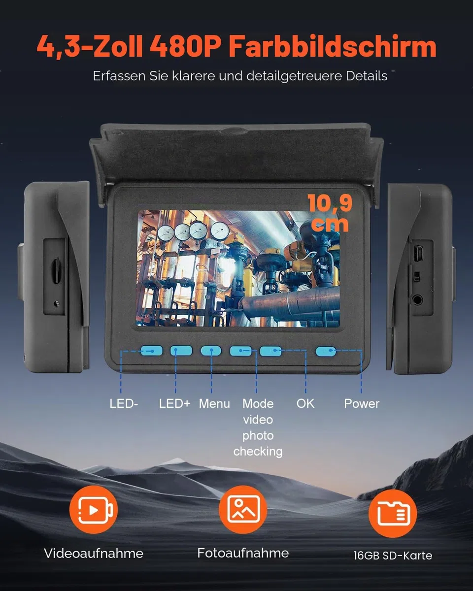 VEVOR Kanalkamera 30m, Rohrinspektionskamera mit 4,3 Zoll LCD Bildschirm 6 einstellbare LED 16 GB-Karte 3-facher Zoom 8500 mAh Hochleistungsakku, IP68 wasserdichte Sanitärkamera für Abwasserkanalrohre