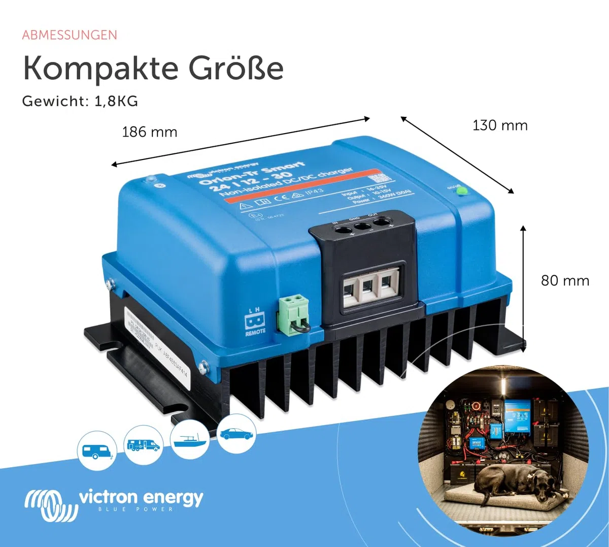 Victron Energy Orion-Tr Smart 24/12-Volt 30 Amp 360-Watt DC-DC Ladebooster, Nicht isoliert (Bluetooth)