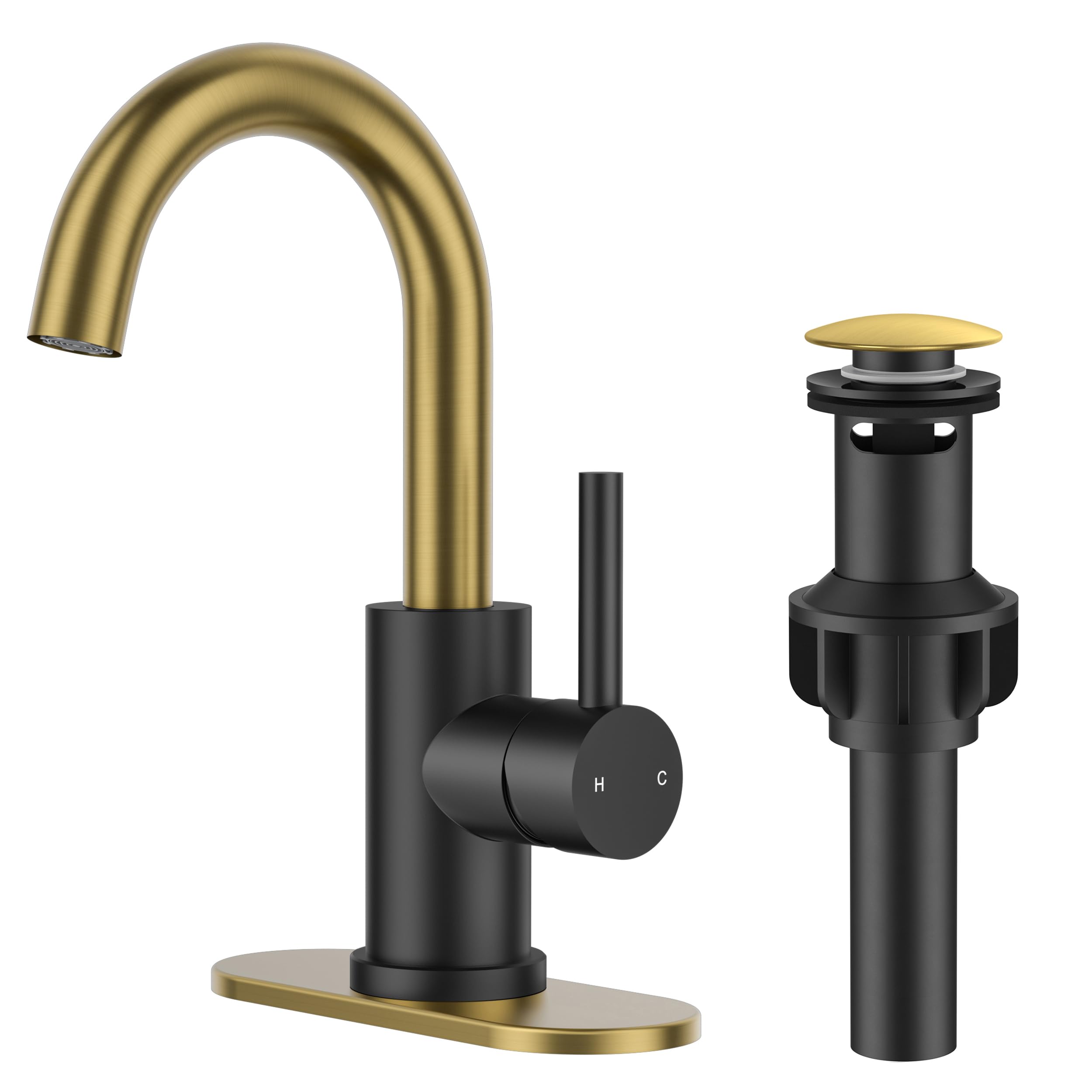 Black & Gold High-Arc Basin Faucet with Pop-Up Drain