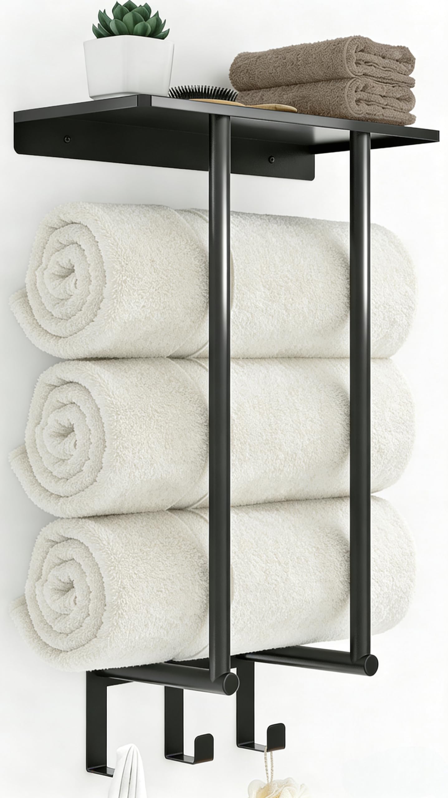 Matte Black Wall Shelf with Towel Bar & Hooks