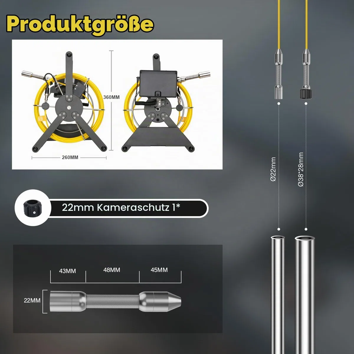4.3'' Kanalkamera mit Licht, 22mm Kanalinspektionskamera mit DVR, Rohrkamera wasserdichte IP68 Endoskopkamera mit 12pcs LED-Leuchten, 5600mAh Akku, 16 GB TF-Karte