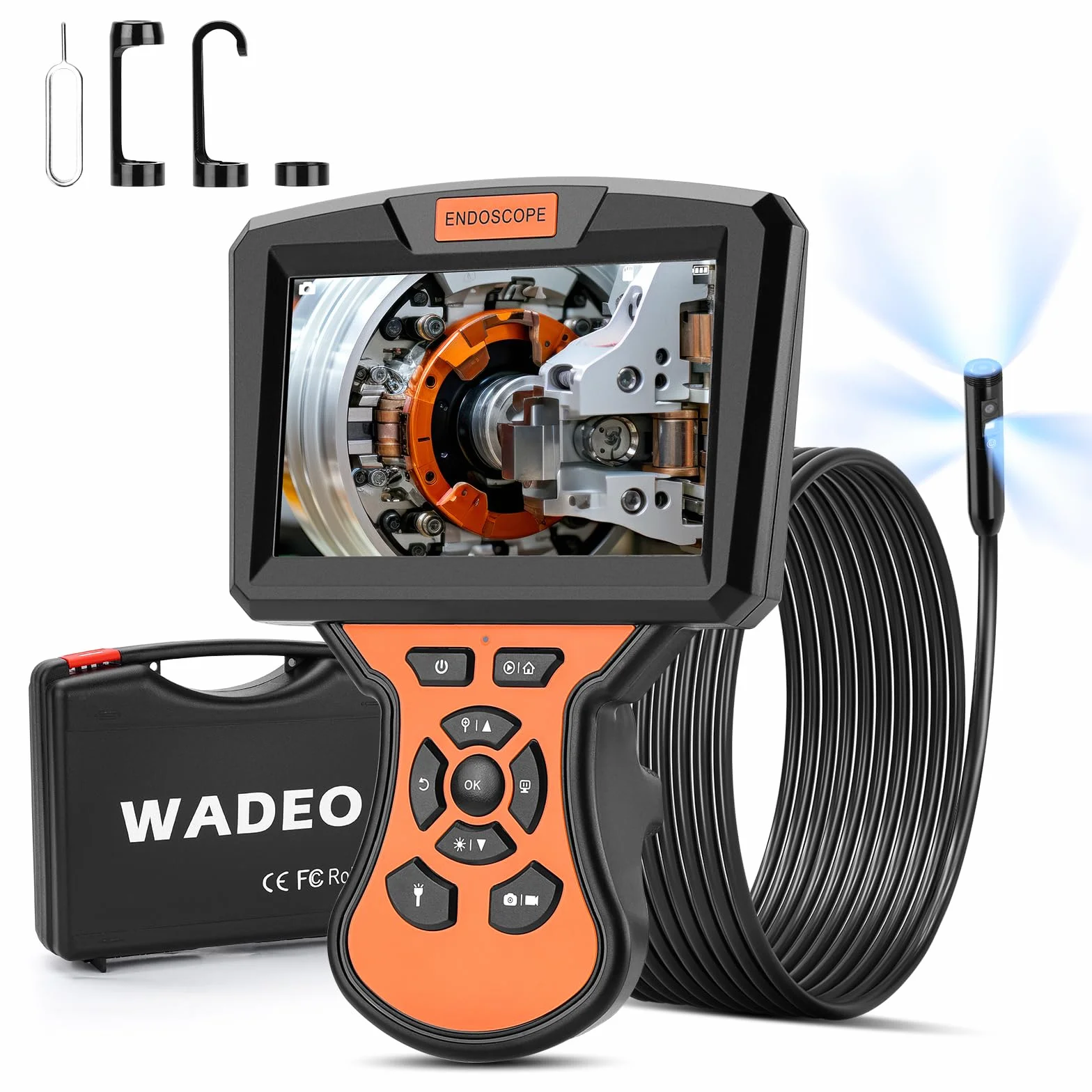 WADEO Endoskopkamera 10 m mit Licht, 5-Zoll-IPS-Display DREI Linsen Endoskop, wasserdichte IP67-Röhrenkamera, 8-mm-Schlangenkamera, Digitale HD-Inspektionskamera 1920P