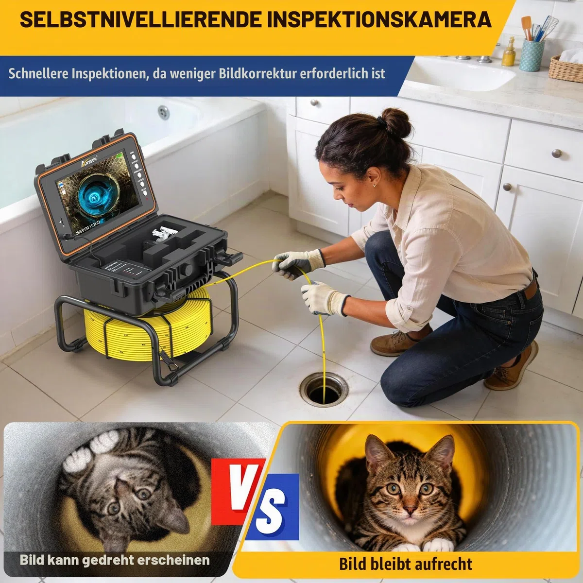 Anysun Selbstnivellierende Rohrkamera 50M mit 512Hz Sender, 9" IPS 1080P HD | Endoskop mit DVR, 50M Kabel mit Meter-Markierung, IP68 Wasserdicht Inspektionskamera & 23mm Kamerakopf, 5100mAh, 32GB Karte
