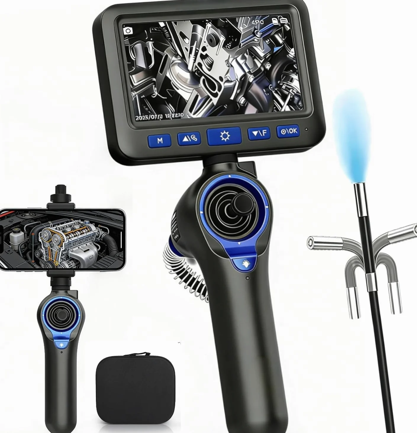 2-IN-1 Endoskopkamera mit Licht 360°, 𝟏𝟎𝟖𝟎𝐏 𝐇𝐃 𝐈𝐏𝟔𝟕 𝟔 𝐋𝐄𝐃 Endoscope Camera mit 6,2 mm dünner Sonda 5“, abnehmbarem Joystick & 1,2 m halbstarrer Kabel Für Kfz, HVAC & Mechanik