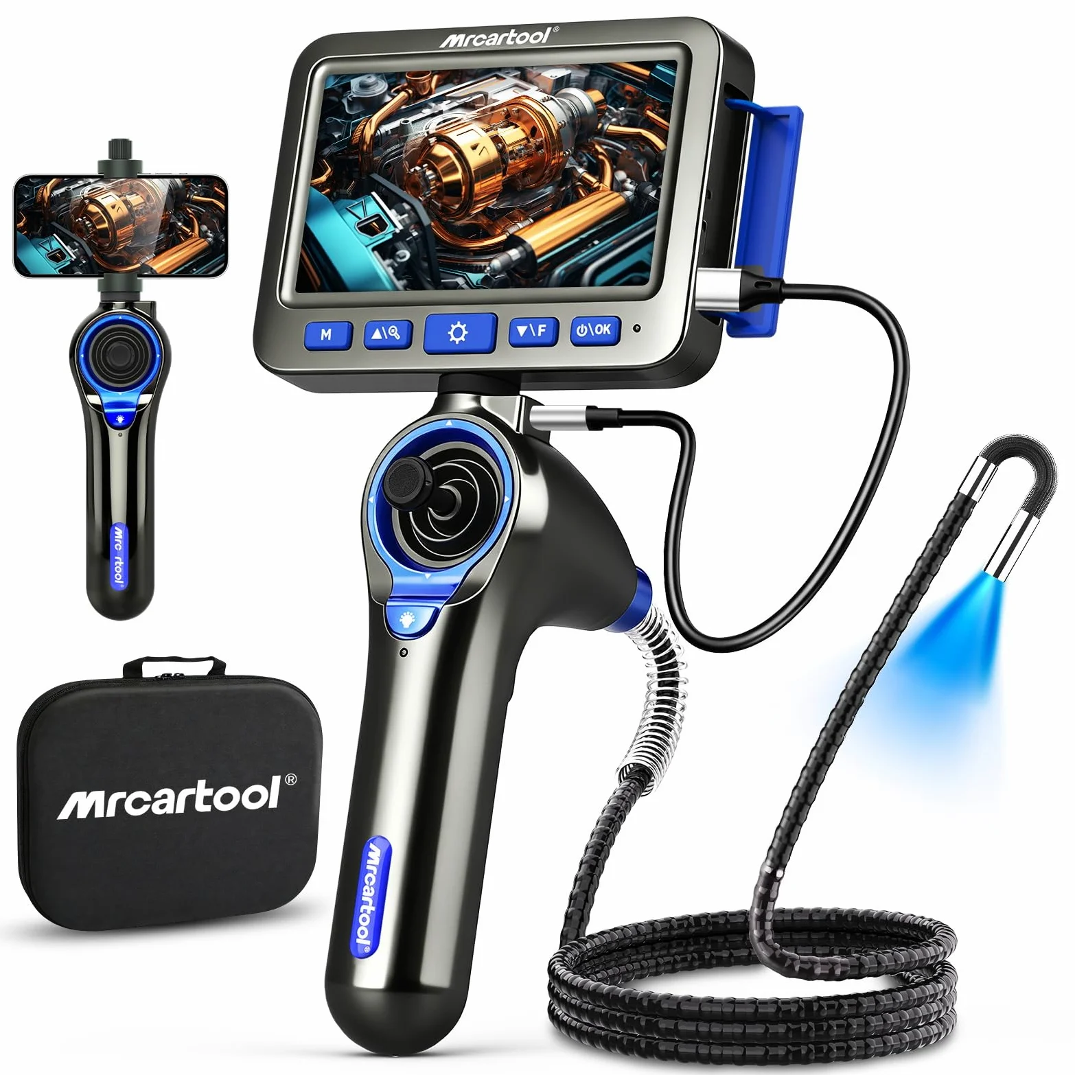 MRCARTOOL 360° Endoskopkamera mit 0,24 Zoll schlanker Sonde | 0,24 Zoll dünne Sonde, 4-Wege-Sonde, 5 Zoll HD Bildschirm, 8-facher Zoom, 3,3FT halbsteifes Kabel für Kfz, HVAC und Motoren