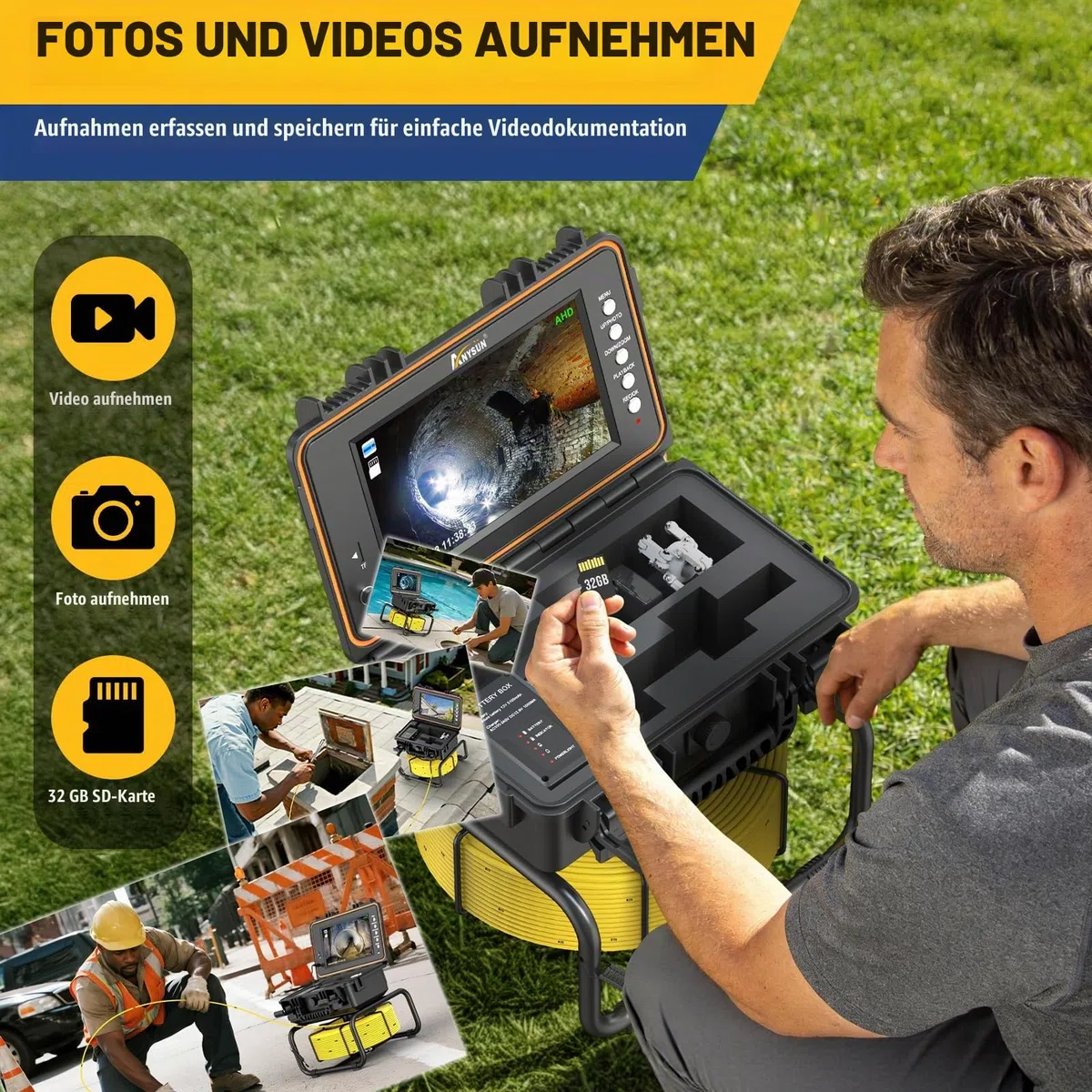 Anysun Selbstnivellierende Rohrkamera 50M mit 512Hz Sender, 9" IPS 1080P HD | Endoskop mit DVR, 50M Kabel mit Meter-Markierung, IP68 Wasserdicht Inspektionskamera & 23mm Kamerakopf, 5100mAh, 32GB Karte
