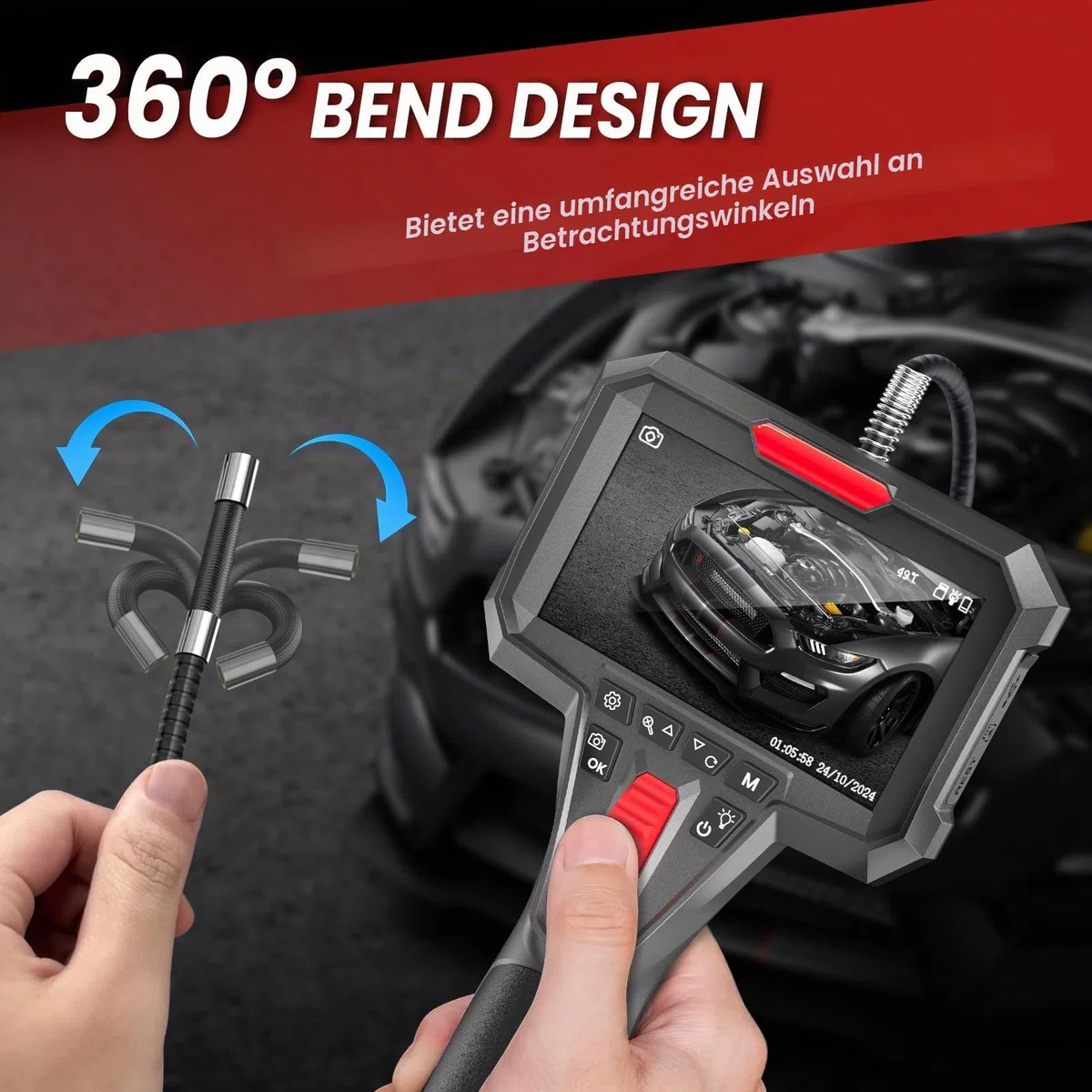 Anysun Endoskopkamera mit Licht, 4,3'' IPS 1080P Endoskop mit Audioaufnahme | DVR mit 32GB TF-Karte, 6.2mm Endoscope Camera mit Scrollradsteuerung Zwei-Wege 360° Drehung, 1m Kamera IP67 Wasserdichte