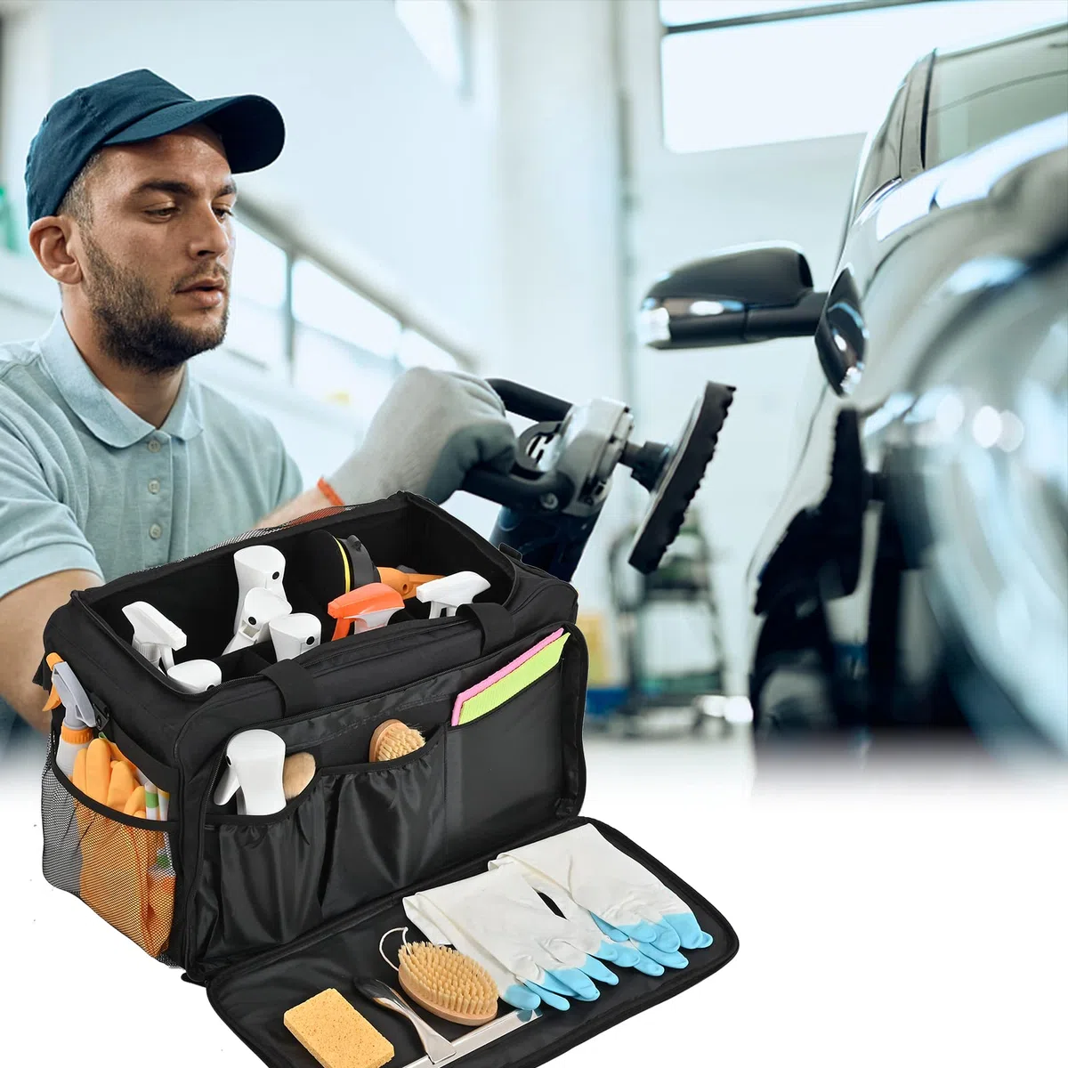 Große Auto-Detail-Tasche, Reinigungsbehälter für Auto-Detaillierung, Kofferraum-Organizer für Polierer und Fahrzeugwaschwerkzeuge, schwarz