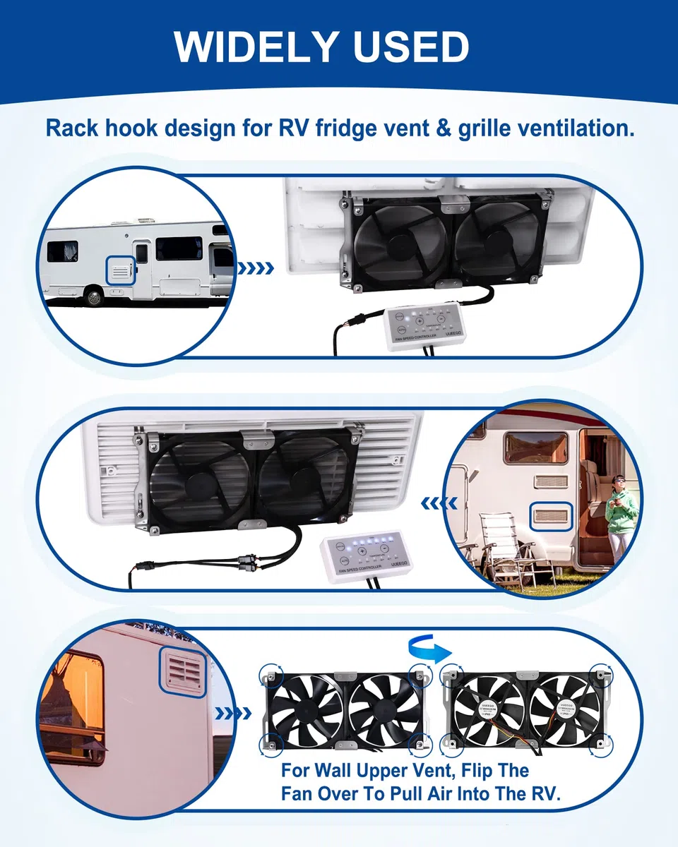 140 mm (5,5 Zoll), 12 V, RV-Lüftungsventilator für Kühlschrank, Lüftungsgitter und Lüftungsgitter, RV-Kühlschrank, IP65 wasserdicht, inklusive Geschwindigkeitsregler
