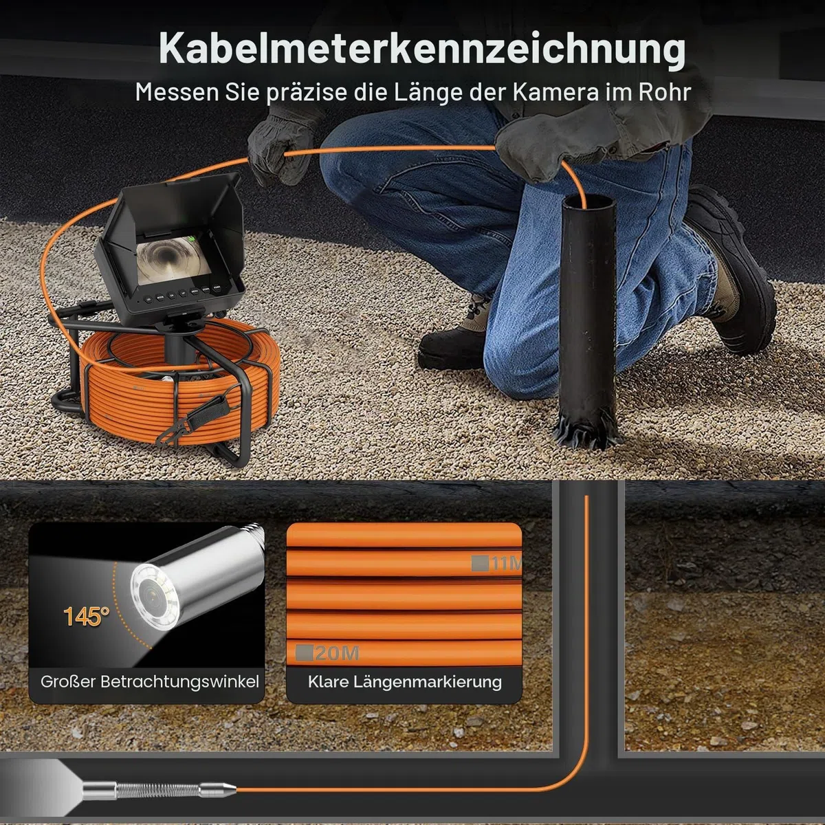 4,3" IPS Rohrkamera, DVR & Audiorecorder Kanalkamera mit Licht, HD Inspektionskamera mit 5mm Kabel & Meter-Markierung, 12 LEDs HD Endoskopkamera mit 8500mAh Akku, 32 GB TF-Karte (30M)